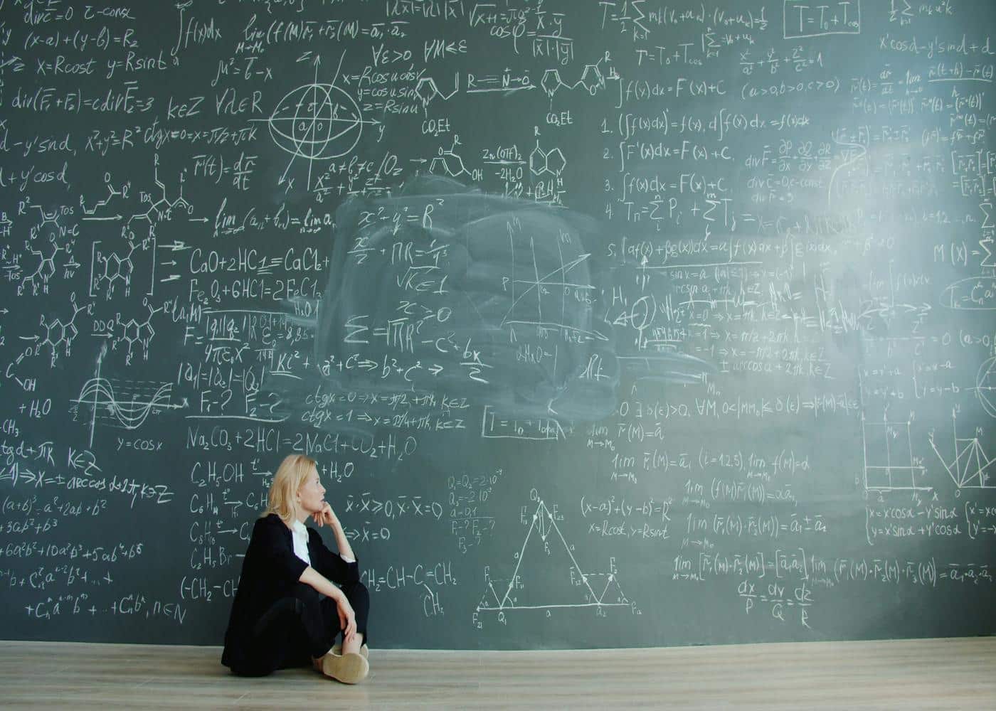 Nootropics tech stack: Woman sat in front of a large and full blackboard