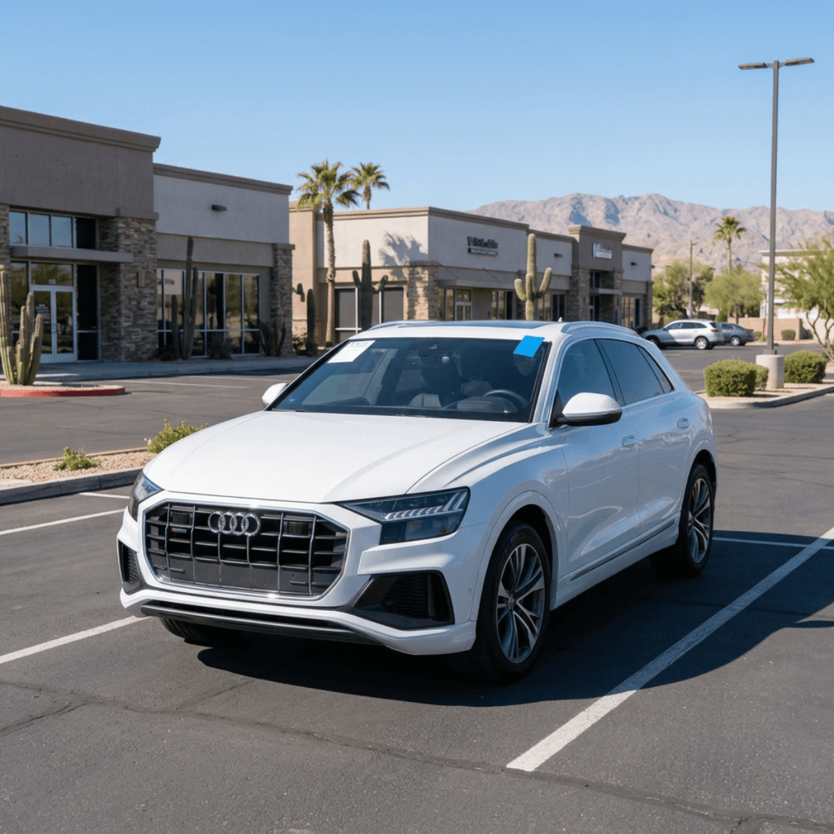 White Audi Q8 with a completed windshield installation in a Chandler, AZ commercial parking area