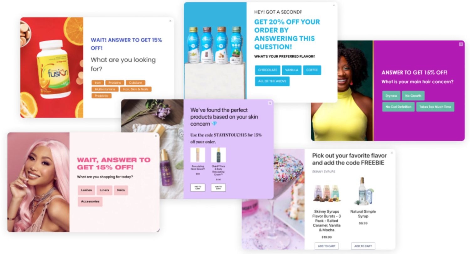 Zero-Party Data for Personalization – A collection of pop-ups offering discounts in exchange for customer preferences, such as hair concerns, favorite flavors, and skincare needs.