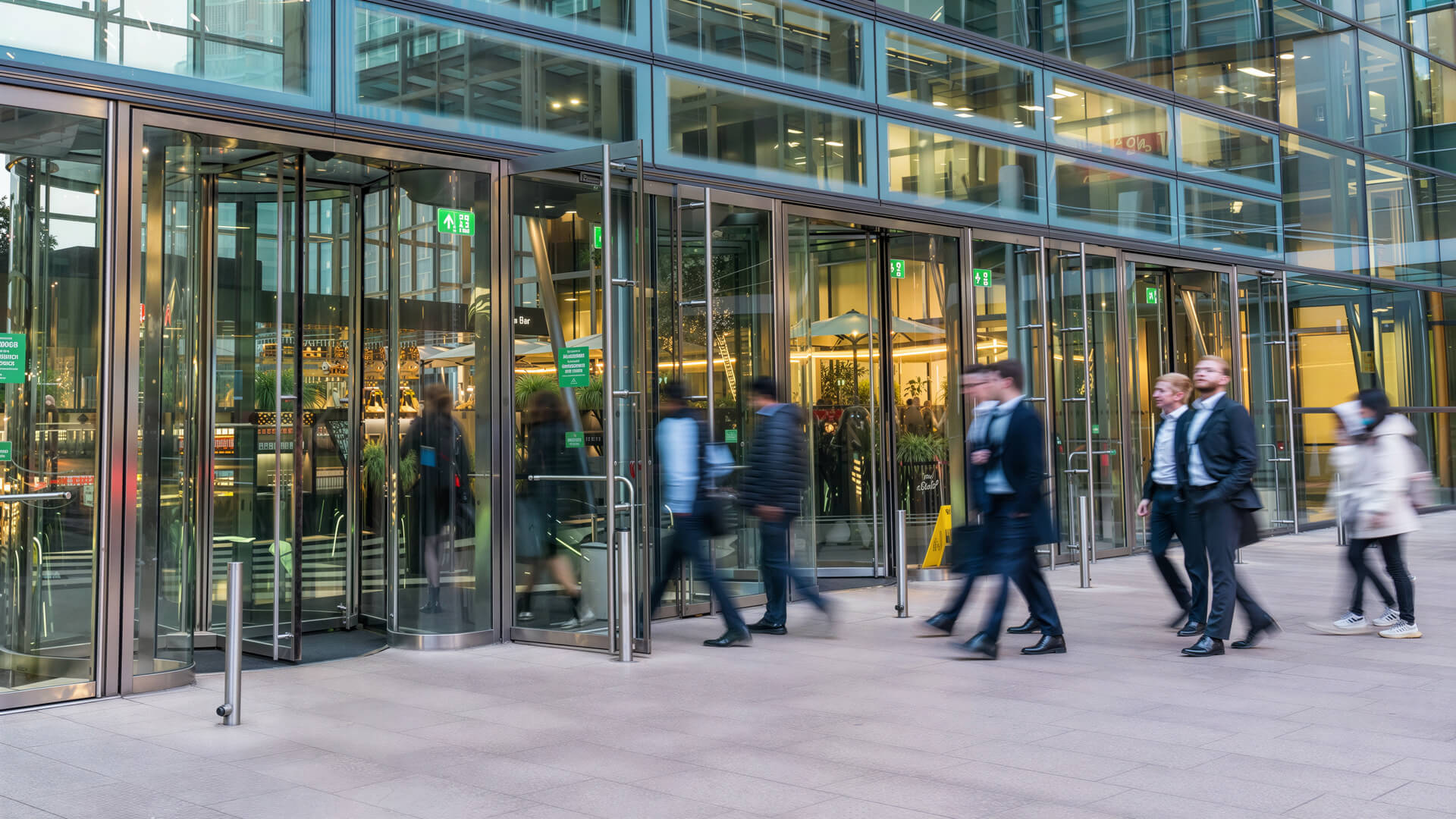 Puerta automática corrediza en acceso principal de edificio corporativo con alto flujo peatonal