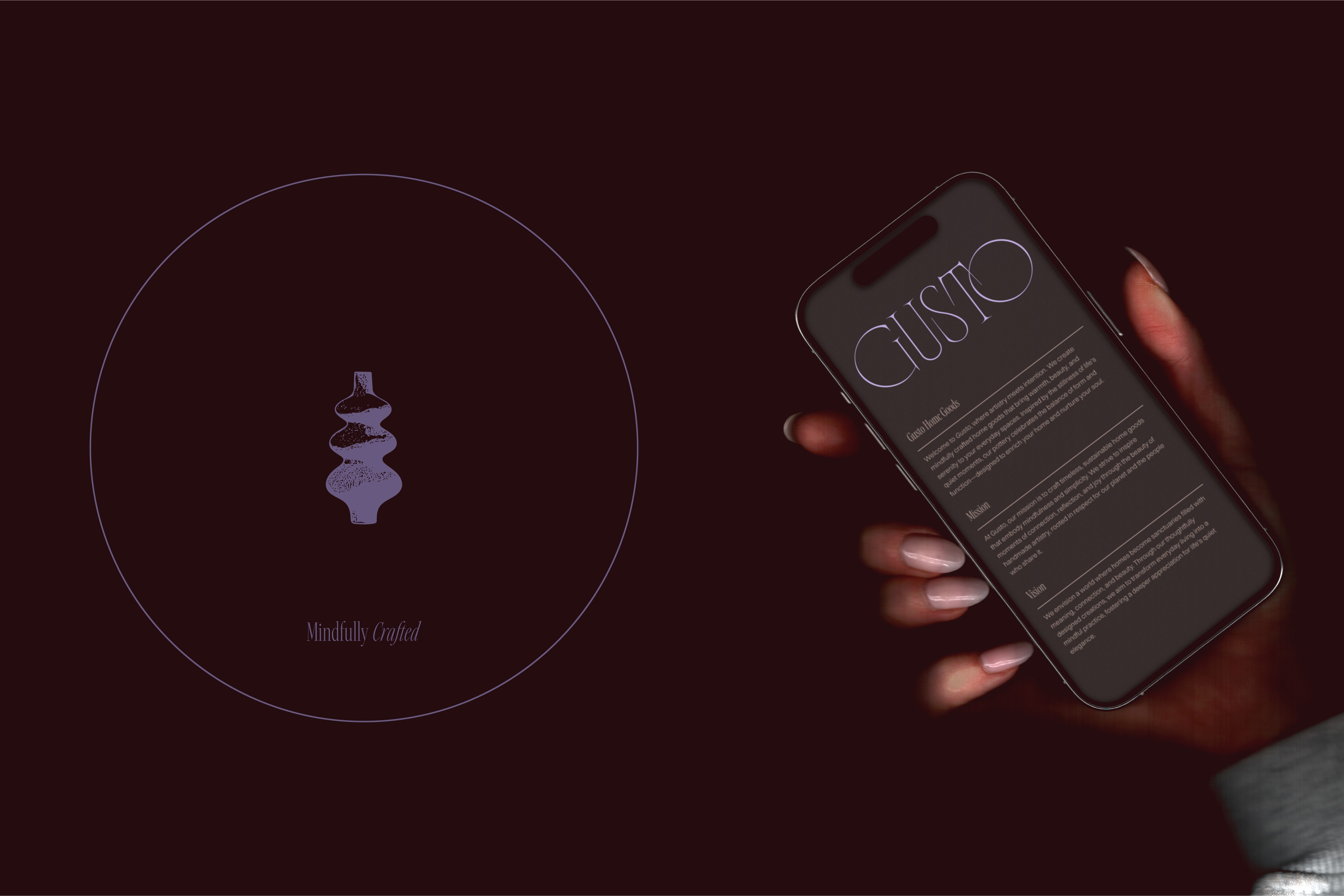 A digital and print representation of Gusto, showcasing an elegant pottery illustration alongside a sleek mobile website interface, reinforcing the brand’s modern yet timeless appeal