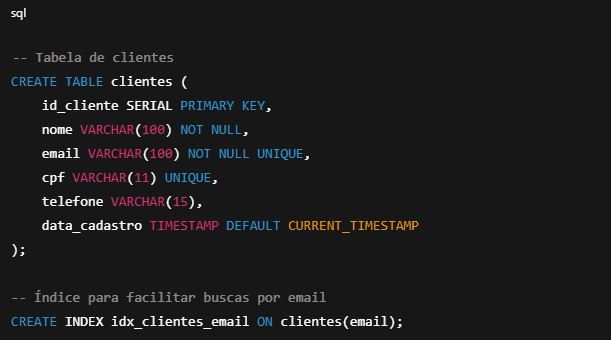 Criando a tabela cliente para banco de dados SQL