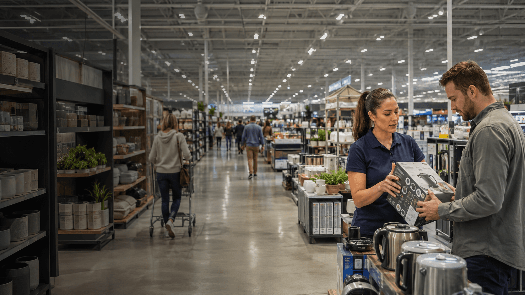 Un associé aide un client en magasin chez un grand détaillant de marchandise générale.