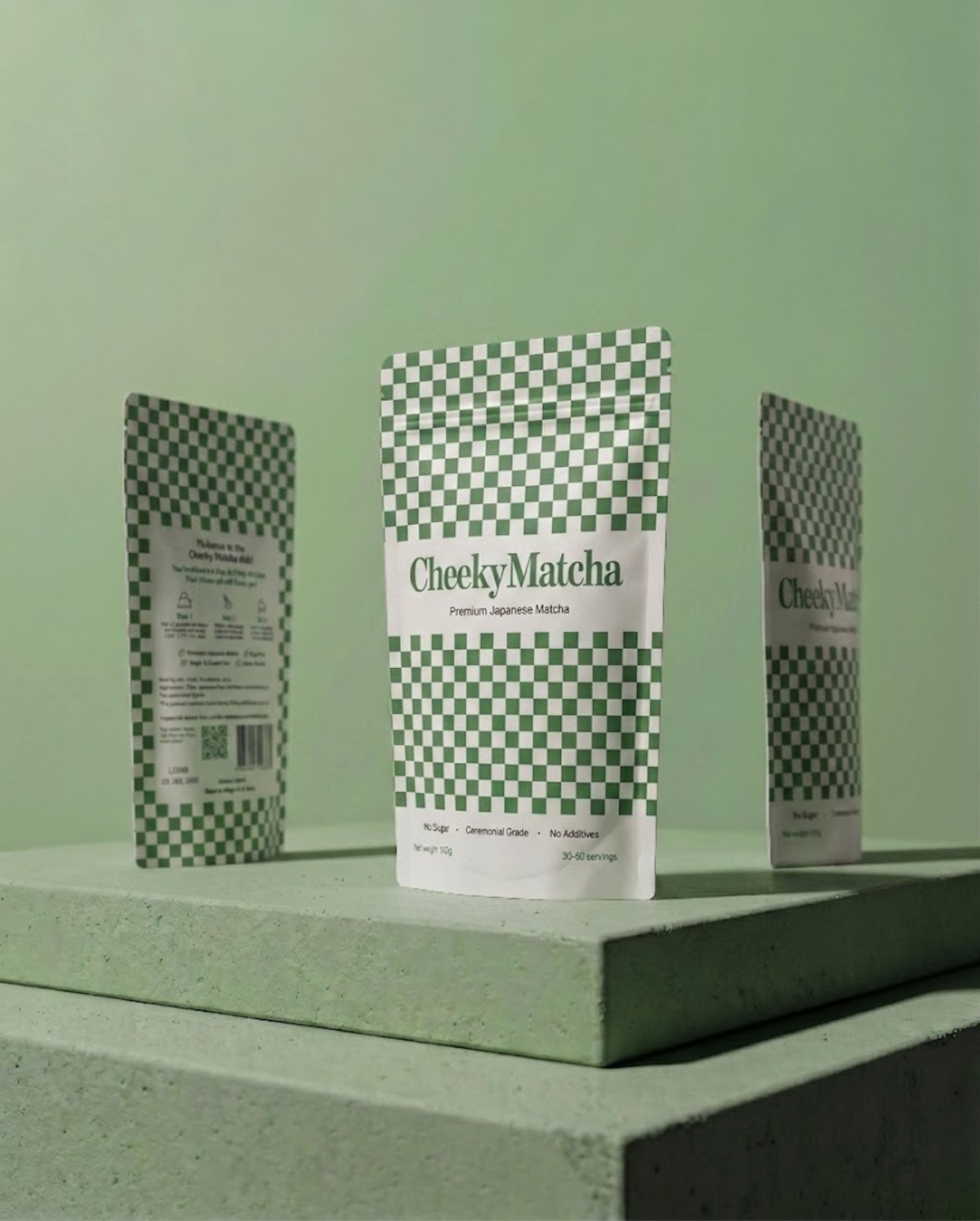 Cheeky Matcha packaging system — 30g, 100g and 1kg bags, single serve cans and gift boxes by Tigera