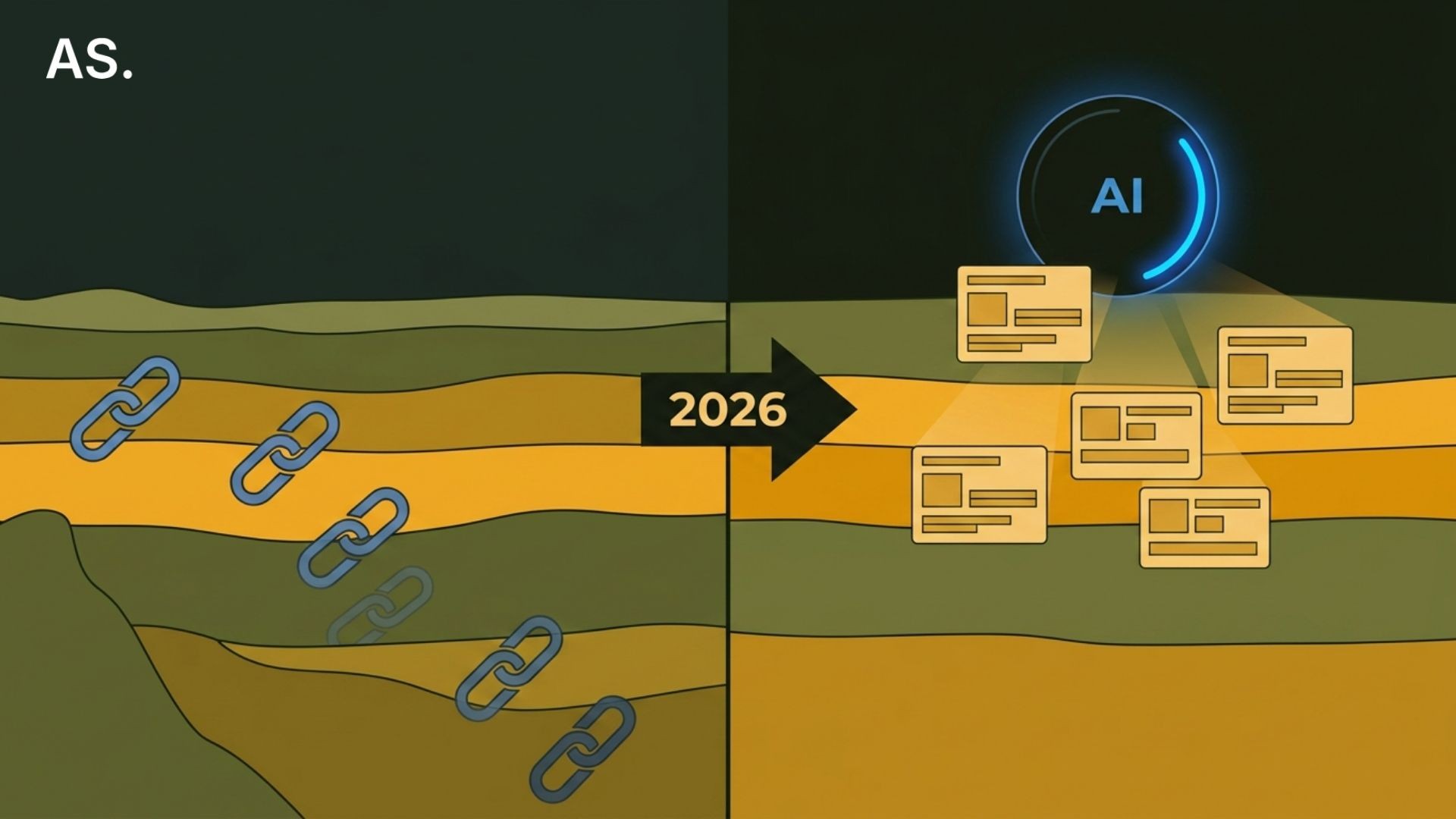 Illustration showing the shift from traditional Google search rankings to AI-generated answer citations in 2026