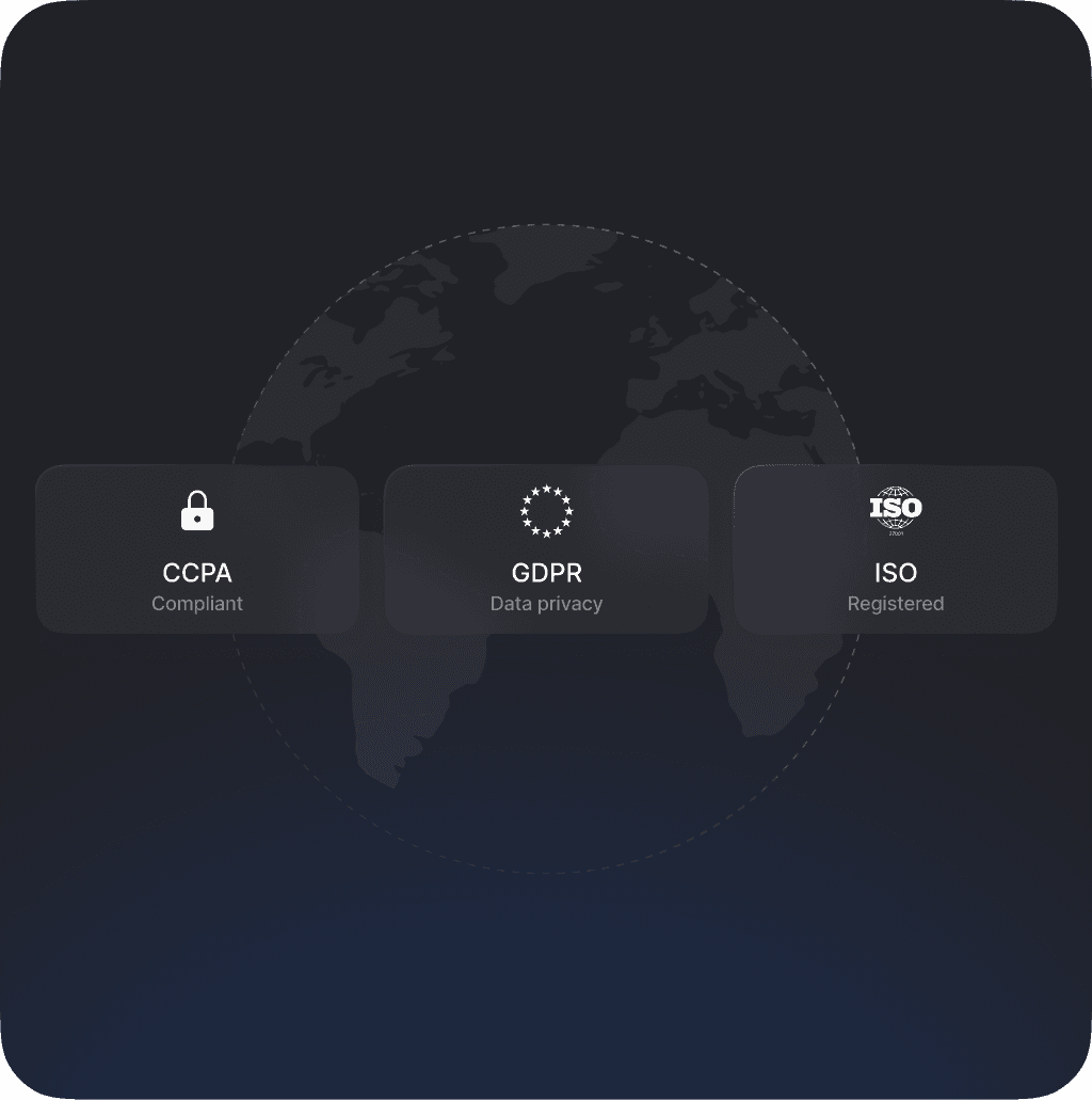 Compliance logos for CCPA, GDPR, and ISO, indicating data privacy and regulatory standards.