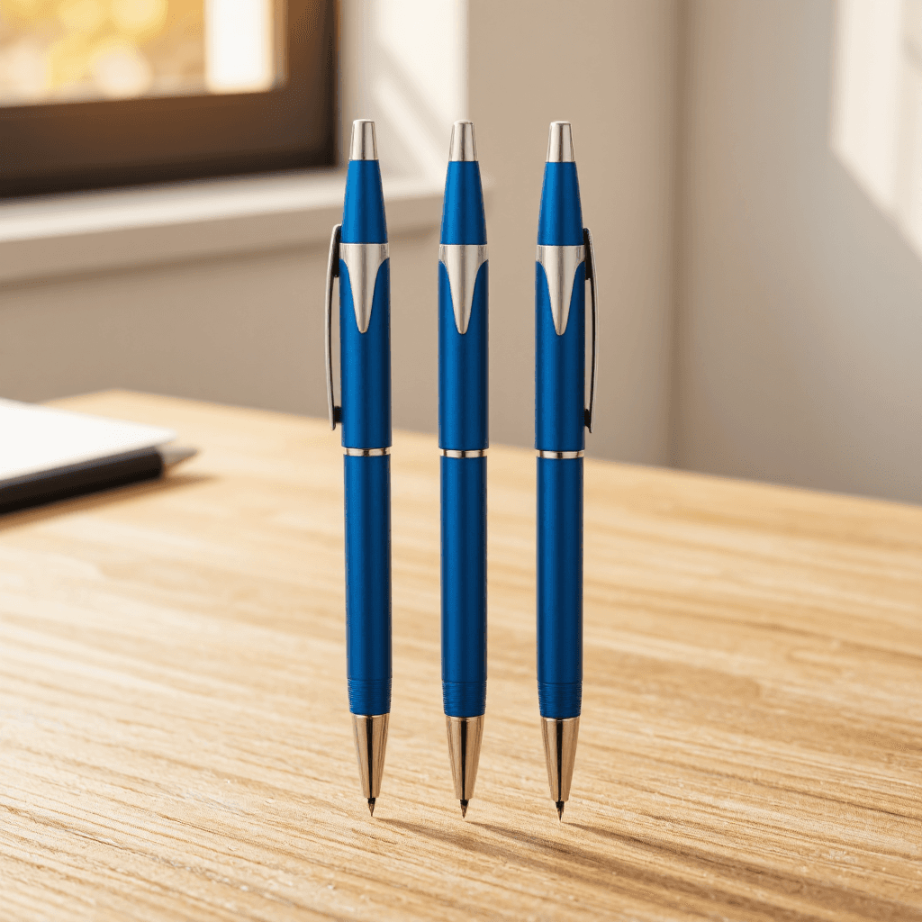 product photography of set of blue ballpoint pens