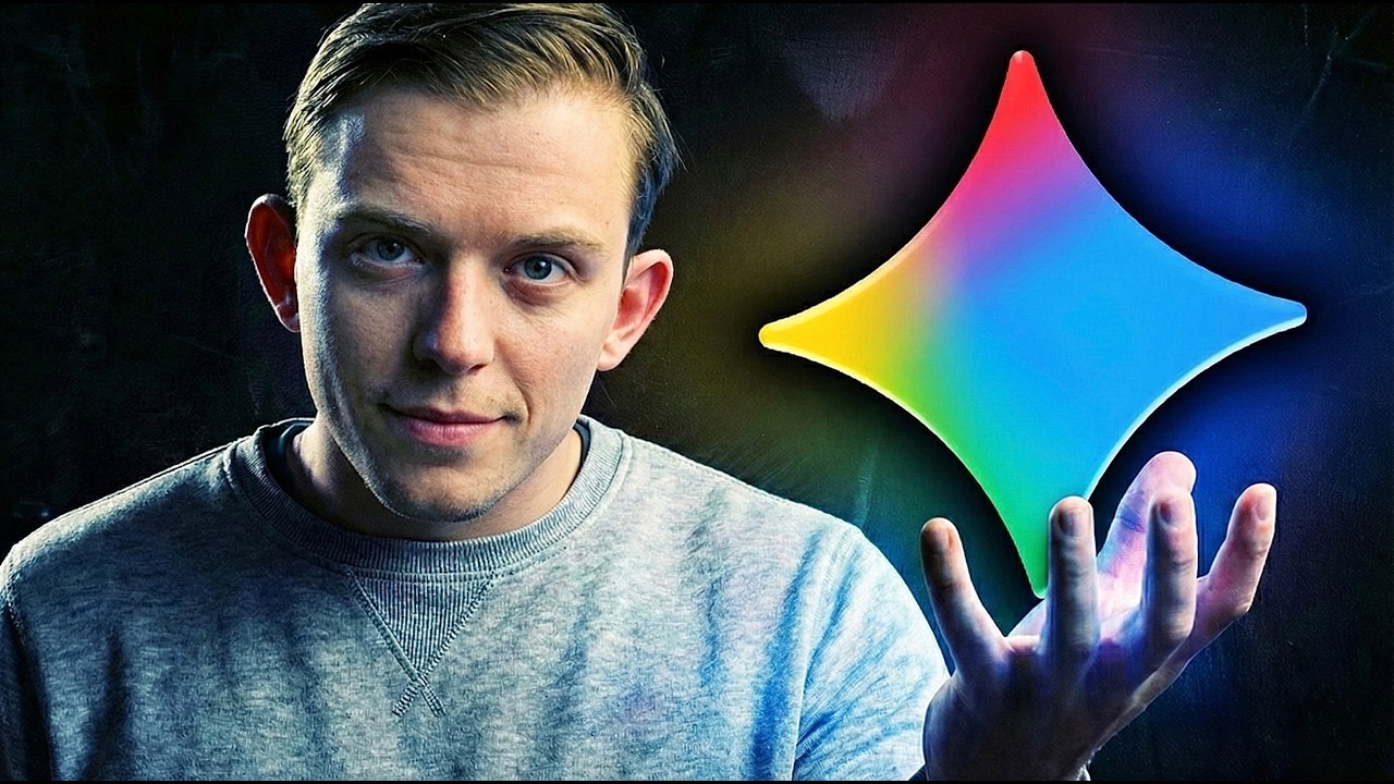 Riley Brown AI-style Gemini tutorial thumbnail with creator holding glowing Gemini icon