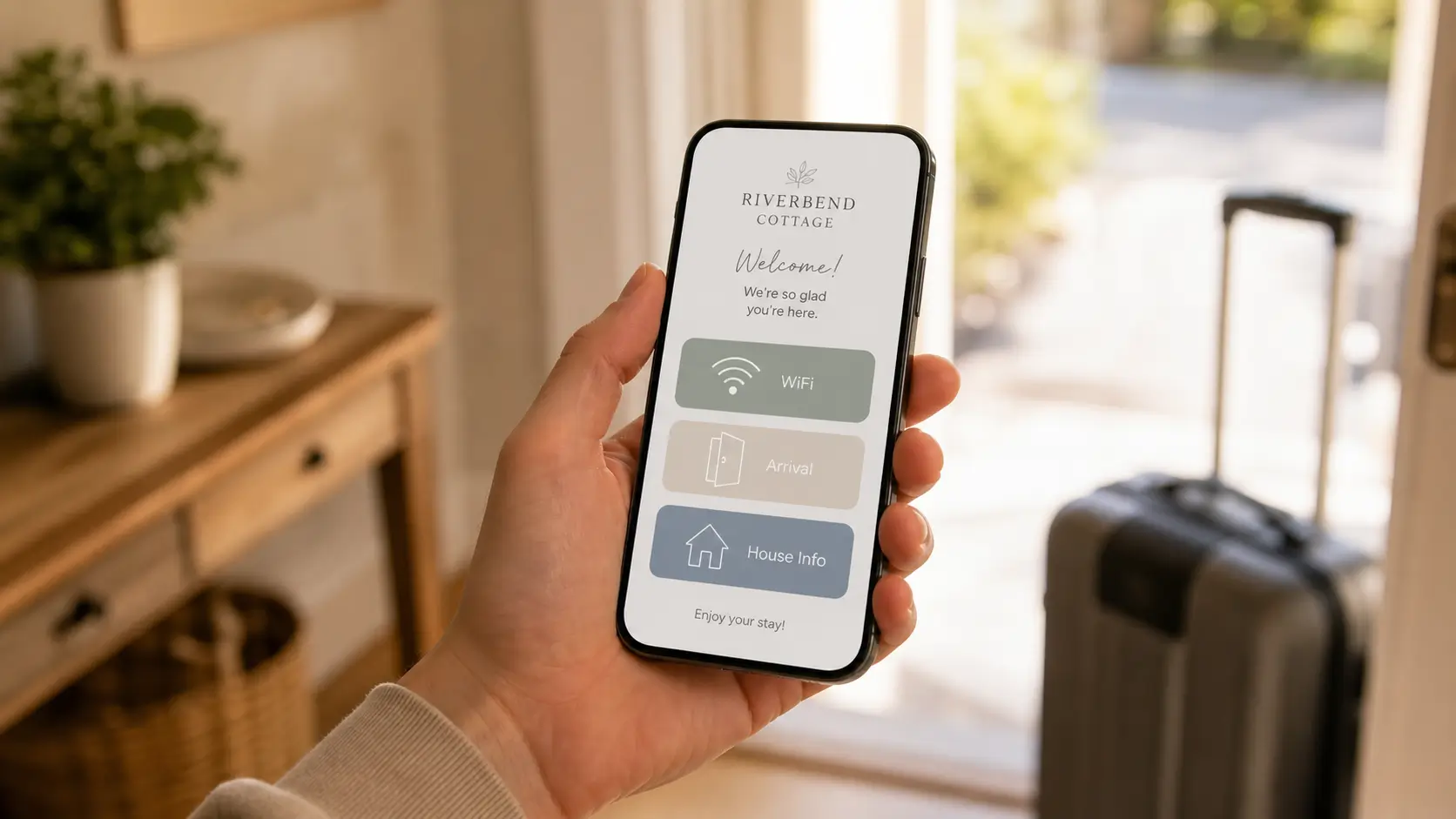Guest's hand holding a phone showing a digital guidebook home screen at a property entrance.