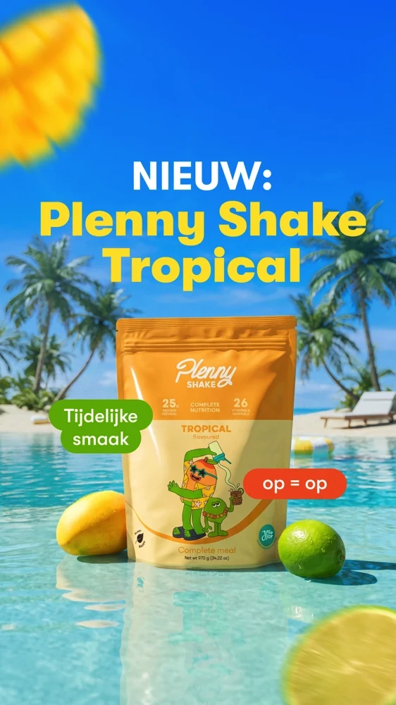Nieuw: Plenny Shake Tropical met tropical smaak, op = op