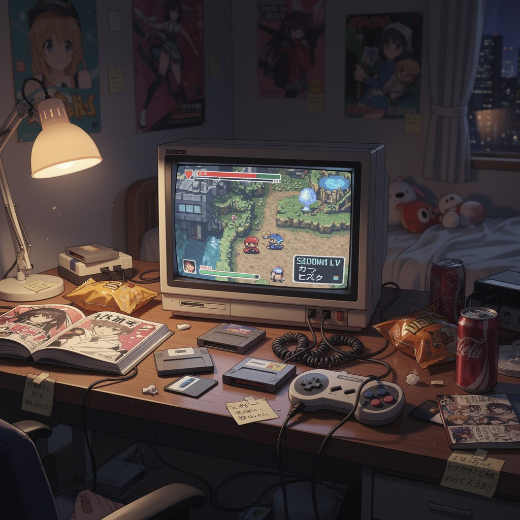 Retro pixel-game inspired anime scene of a cozy gamer bedroom at night, centered on a cluttered student desk.   Old CRT monitor and game console displaying colorful 8-bit pixel RPG gameplay.  Desk filled with classic game cartridges, floppy disks, manga, wired controller, snacks and sticky notes.  Warm lamp light mixed with CRT screen glow, nostalgic mood, detailed illustration, cinematic lighting.