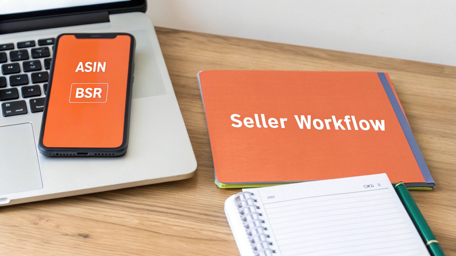 Smartphone displaying ASIN and BSR on a laptop, next to a notebook titled 'Seller Workflow' on a desk.