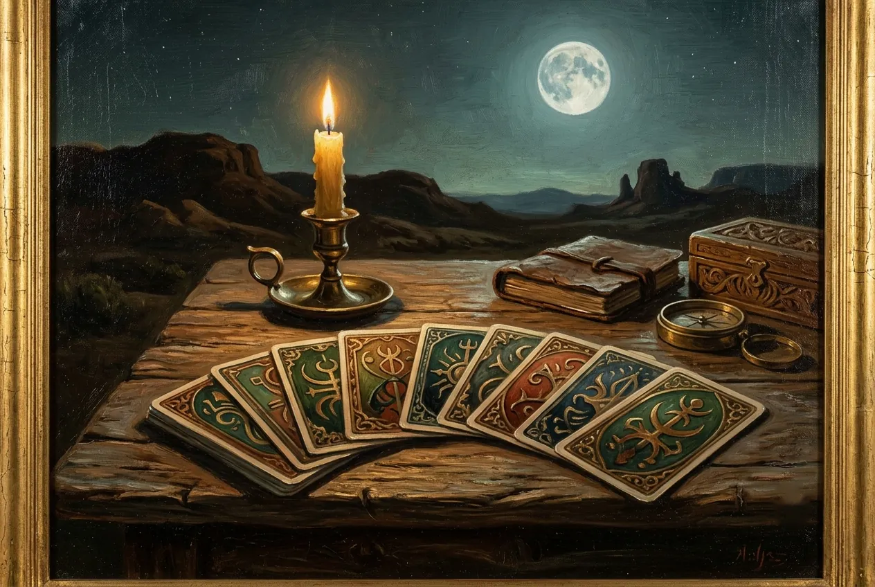 Tarot cards and a candle under a full moon