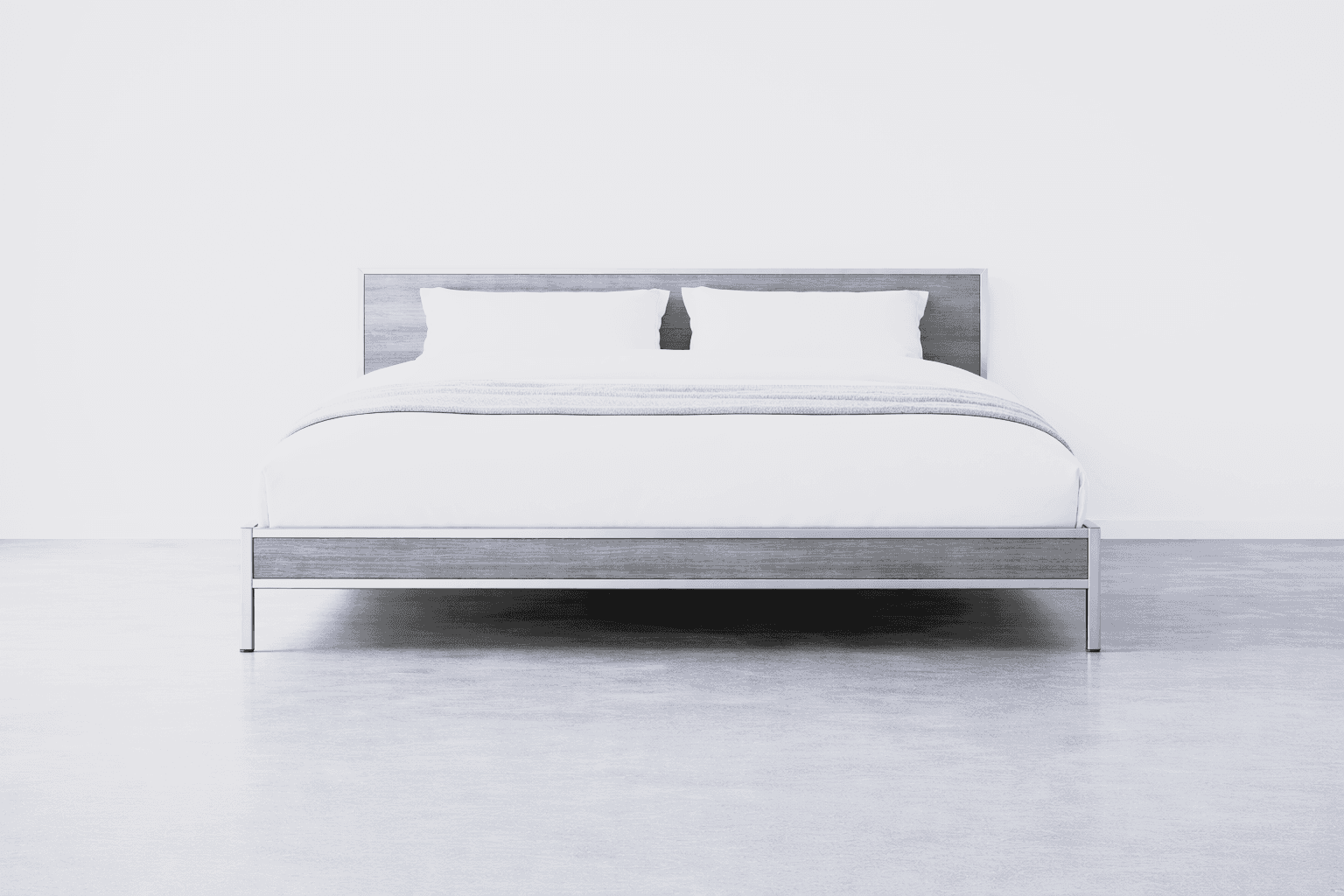 Black and white photo showing Drom bed frame, metalic legs, modern.