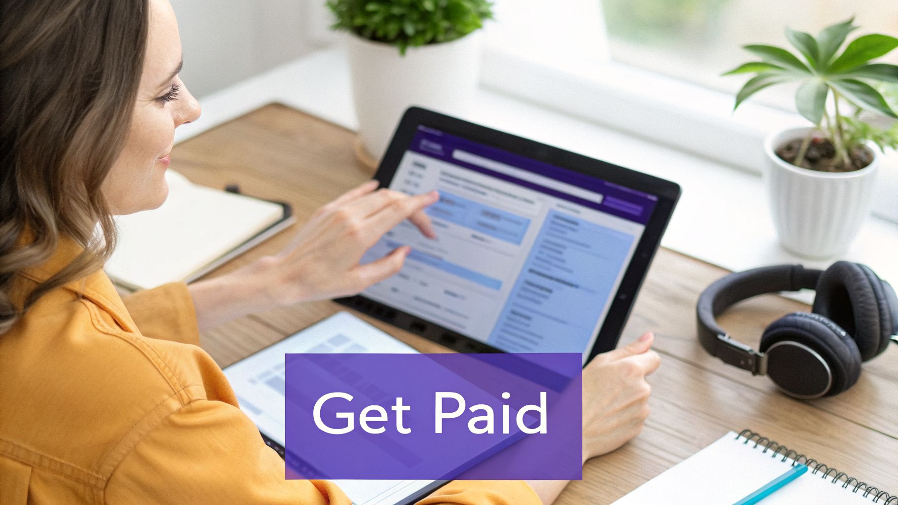 A smiling woman working on a tablet, interacting with an online payment interface, at a desk.