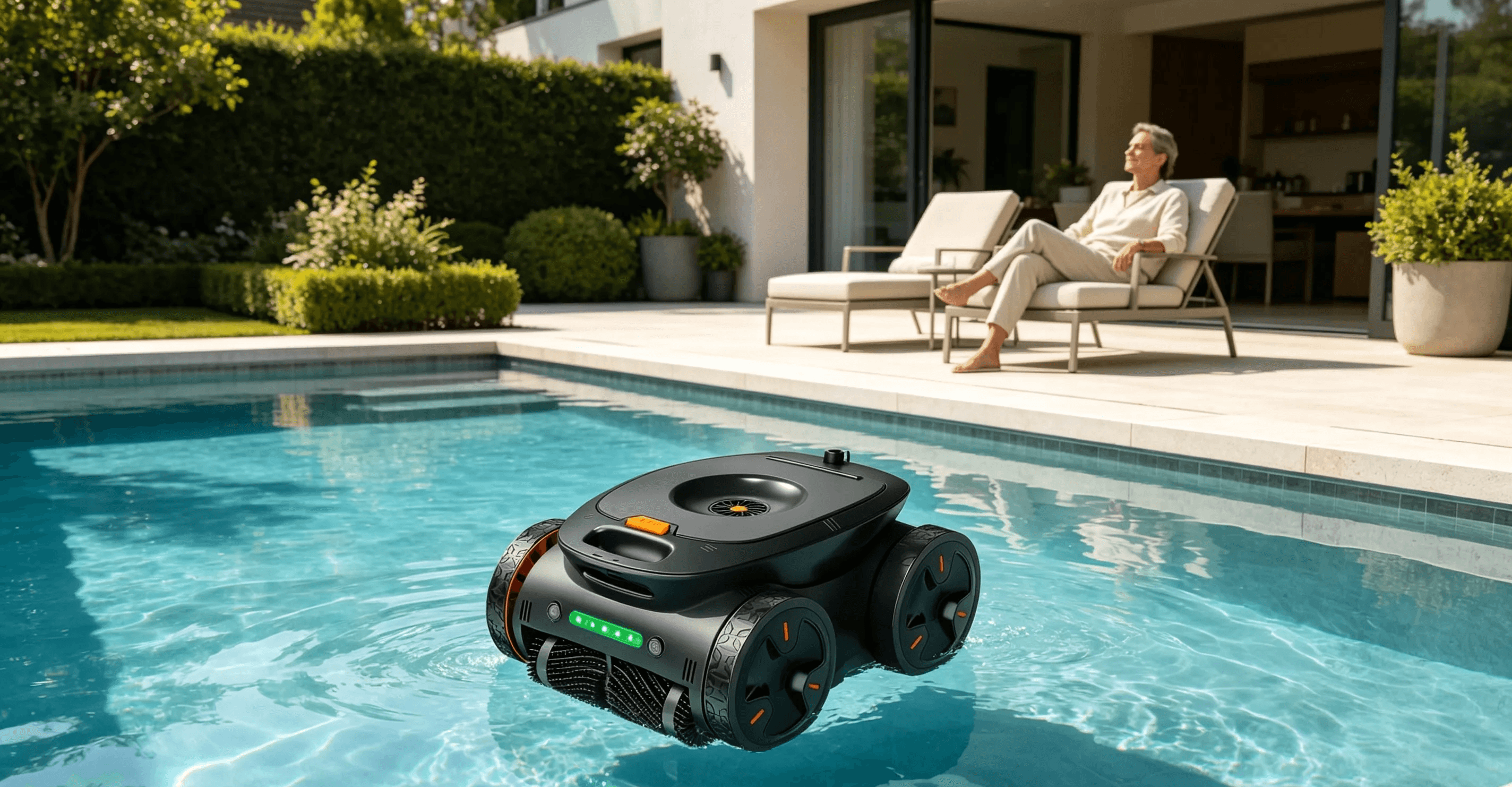 Robotic pool cleaner helping reduce pool maintenance effort in a backyard swimming pool