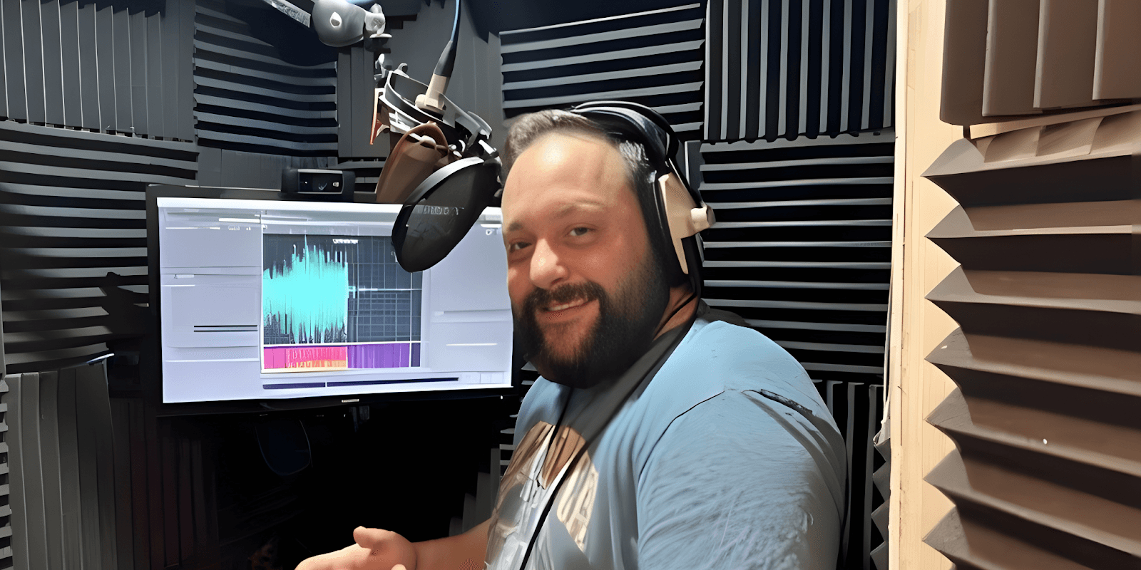 A man with a beard and headphones stands in a soundproof recording studio, smiling while working on voiceover equipment.