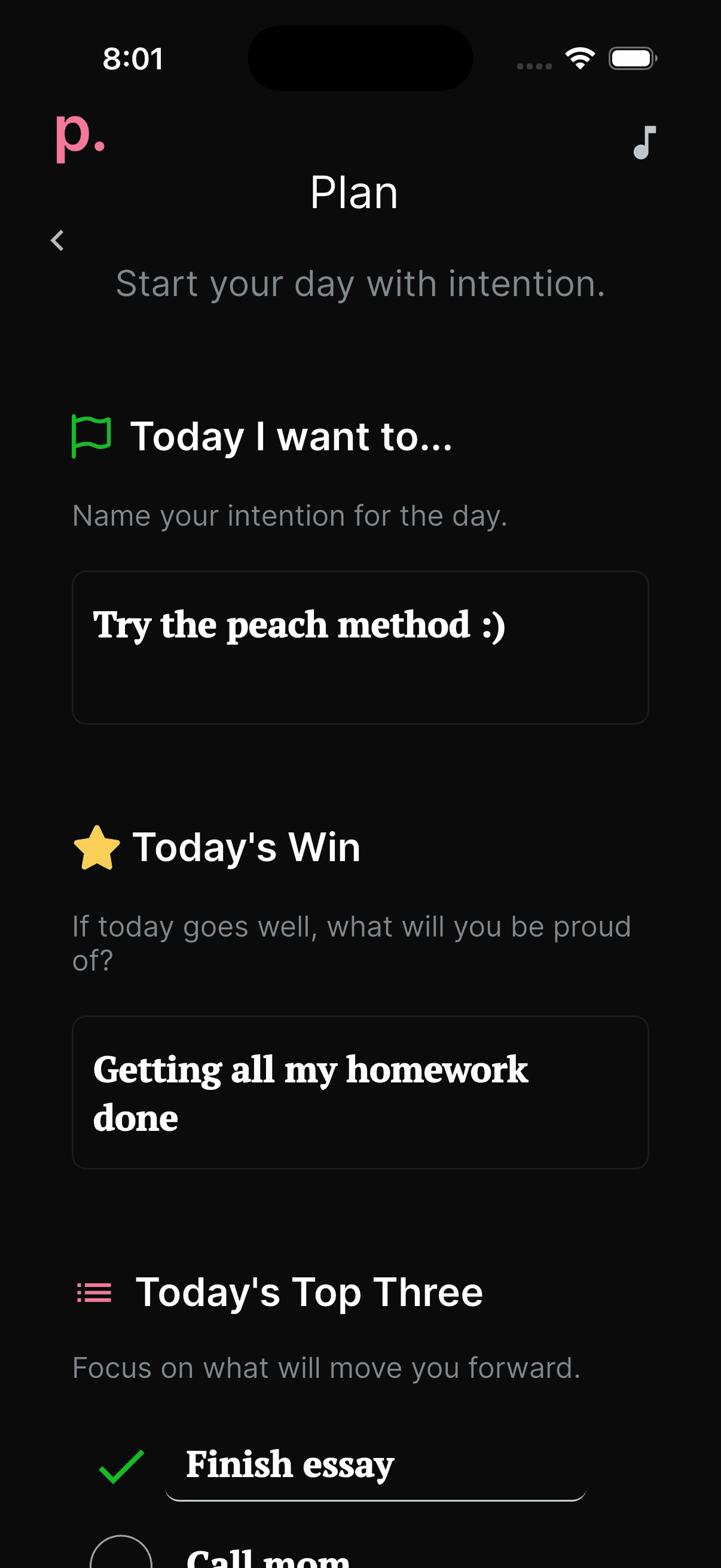 Peach Method dark-mode planning screen