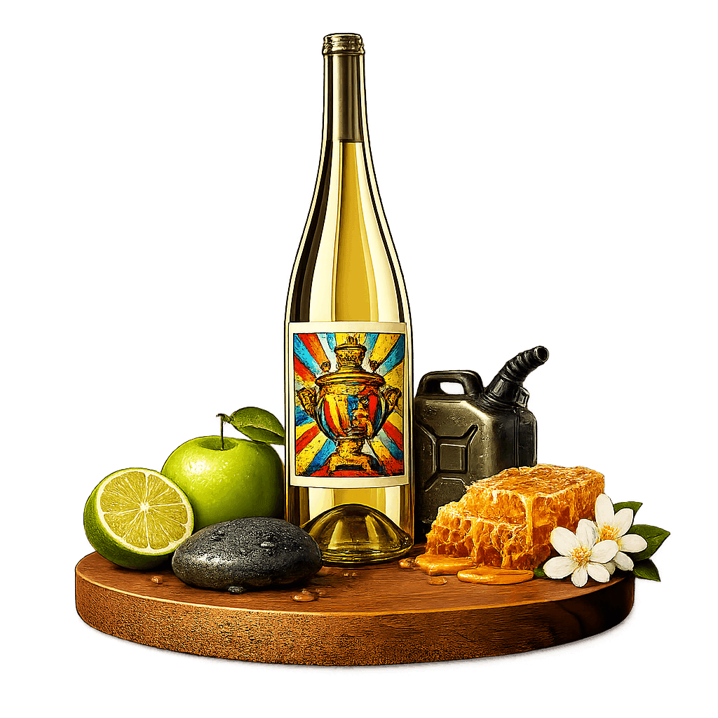 Artistic label and flavor profile for Russian Riesling on a rustic wooden table.