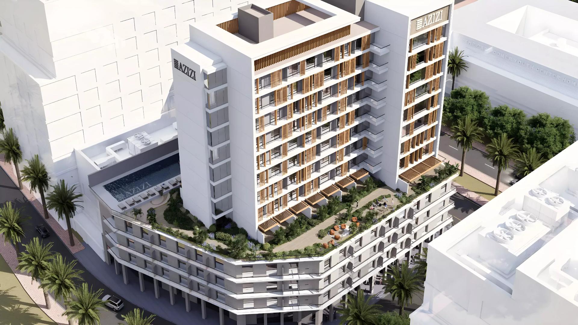 Visual representation of the Azizi Lina building, emphasizing its unique architectural style and surroundings.