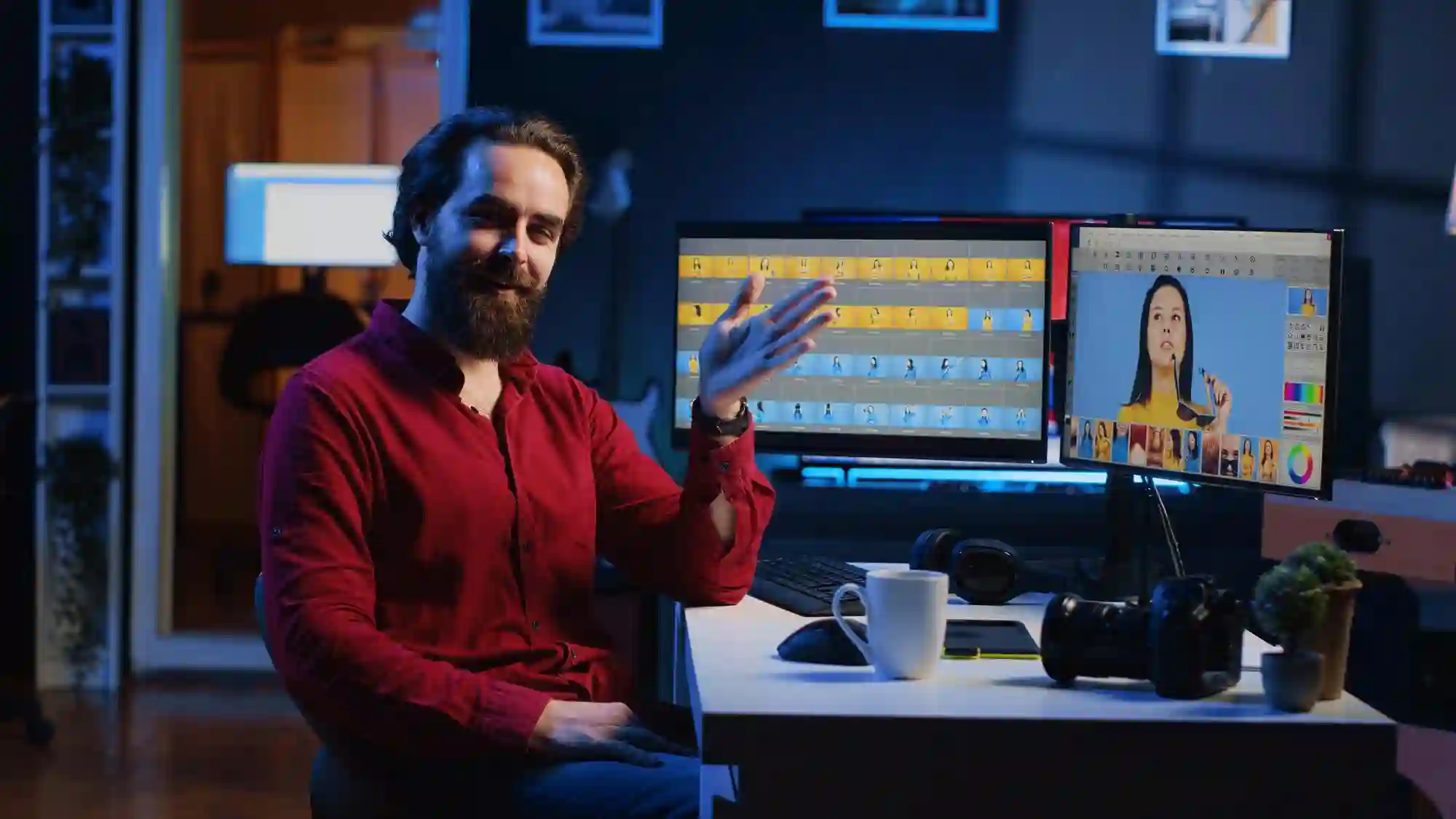 A content creator gestures toward dual monitors while editing professional video footage in a dimly lit creative suite.
