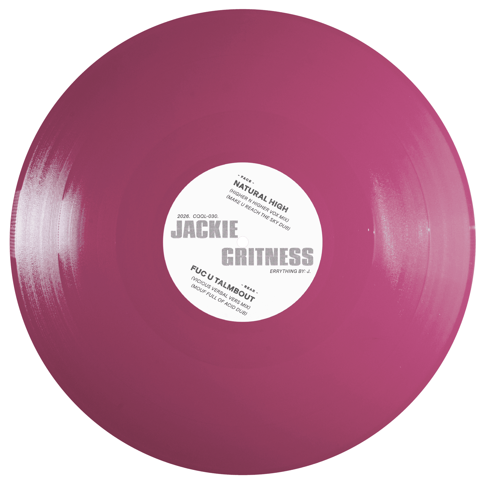 Pink vinyl record with a white label on a white background