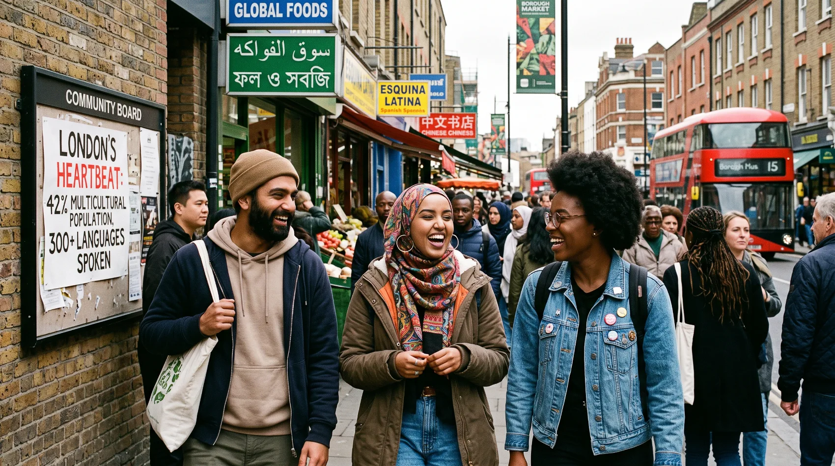 Multicultural friends laughing on London street by community board London's heartbeat 42% multicultural 300 languages