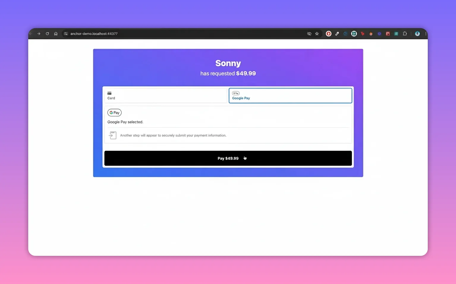 Stripe Payment Element demo with Google Pay selected and a prominent Pay $49.99 button on a purple checkout panel