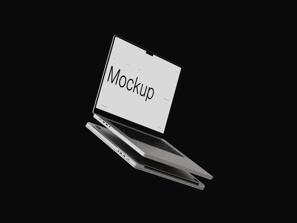 Floating MacBook Pro with a sleek design, open screen displaying a white background and bold text, positioned above a second closed laptop. Minimal lighting on a black background.