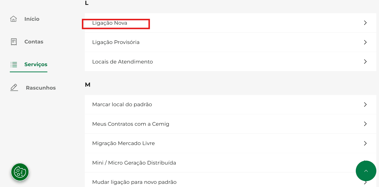 Lista de serviços do portal Cemig Atende