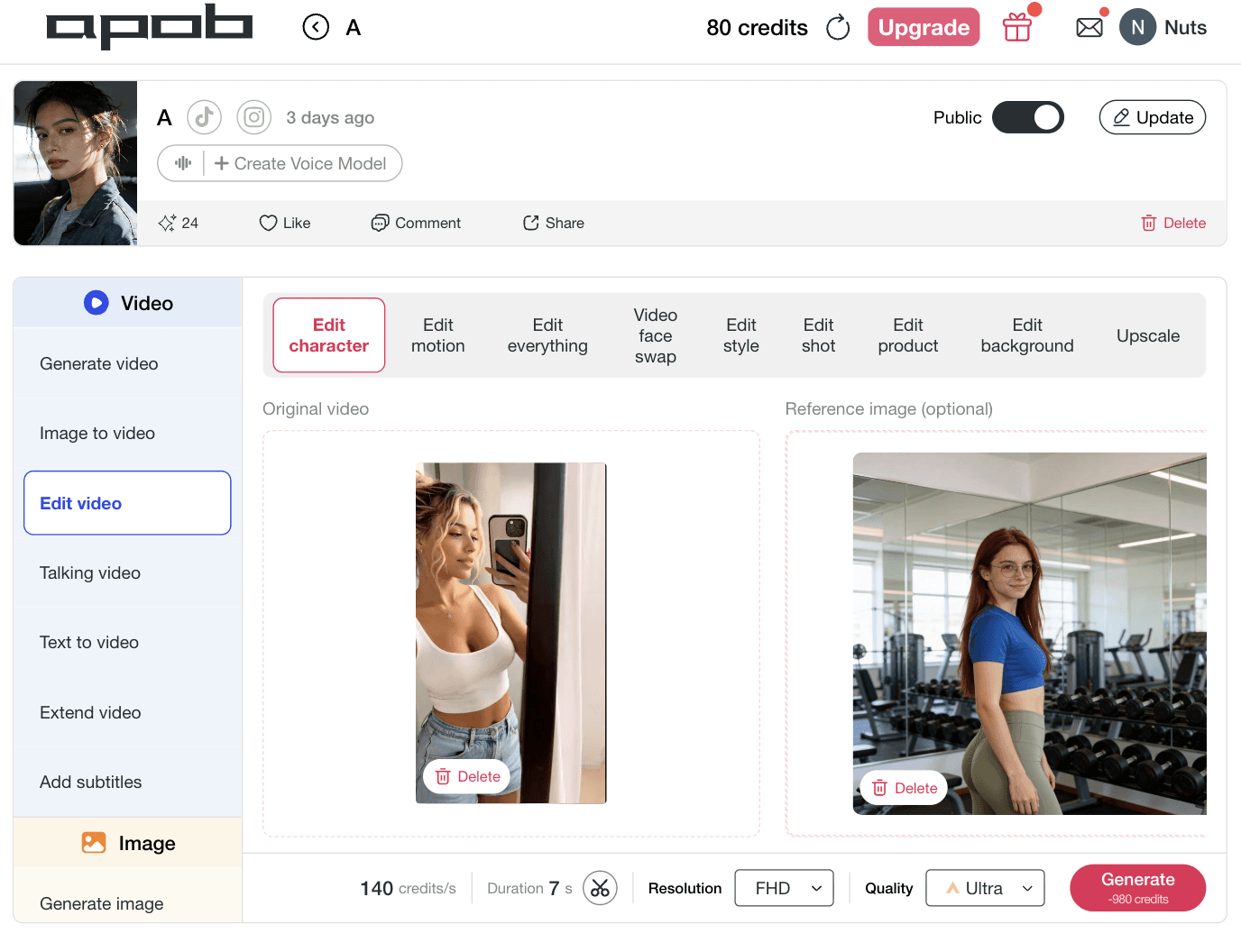 Interface avec import de vidéo originale et panneau d'image de référence, montrant comment le créateur de deepfake mappe des identités réalistes pour TikTok et Instagram Reels.