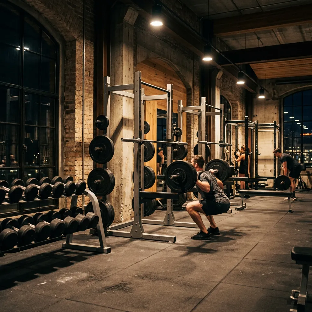 Man squatting with a barbell in an industrial gym.