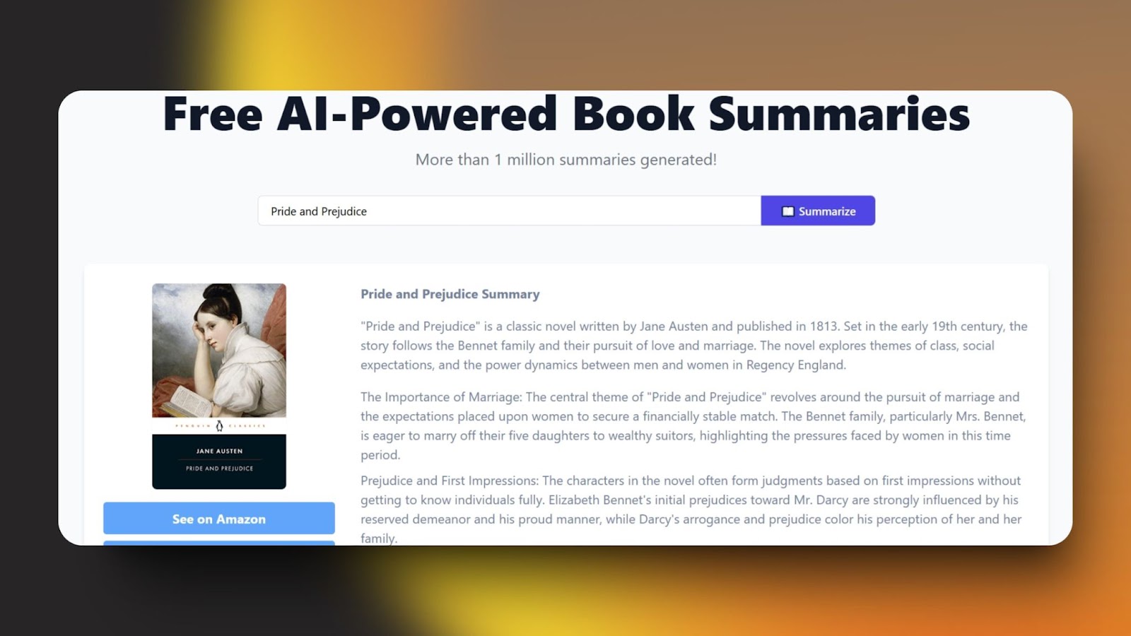 image of an AI-powered book summary tool presenting "Pride and Prejudice" with key themes and a detailed description, alongside a book cover.