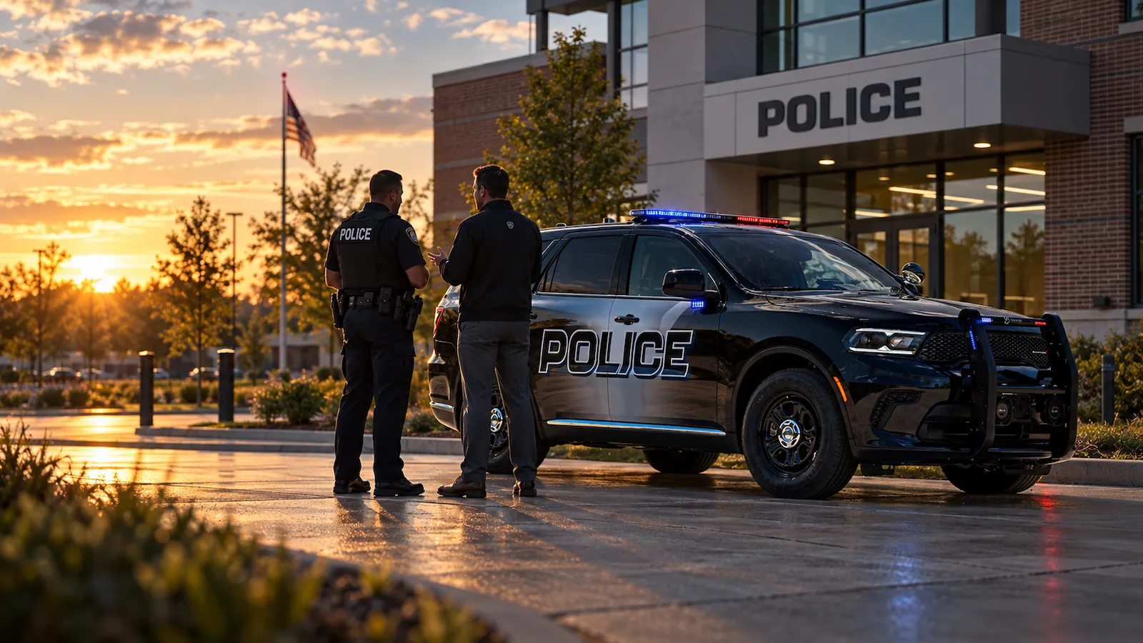 Guardian Fleet Safety representative and police officer reviewing a completed police vehicle upfit