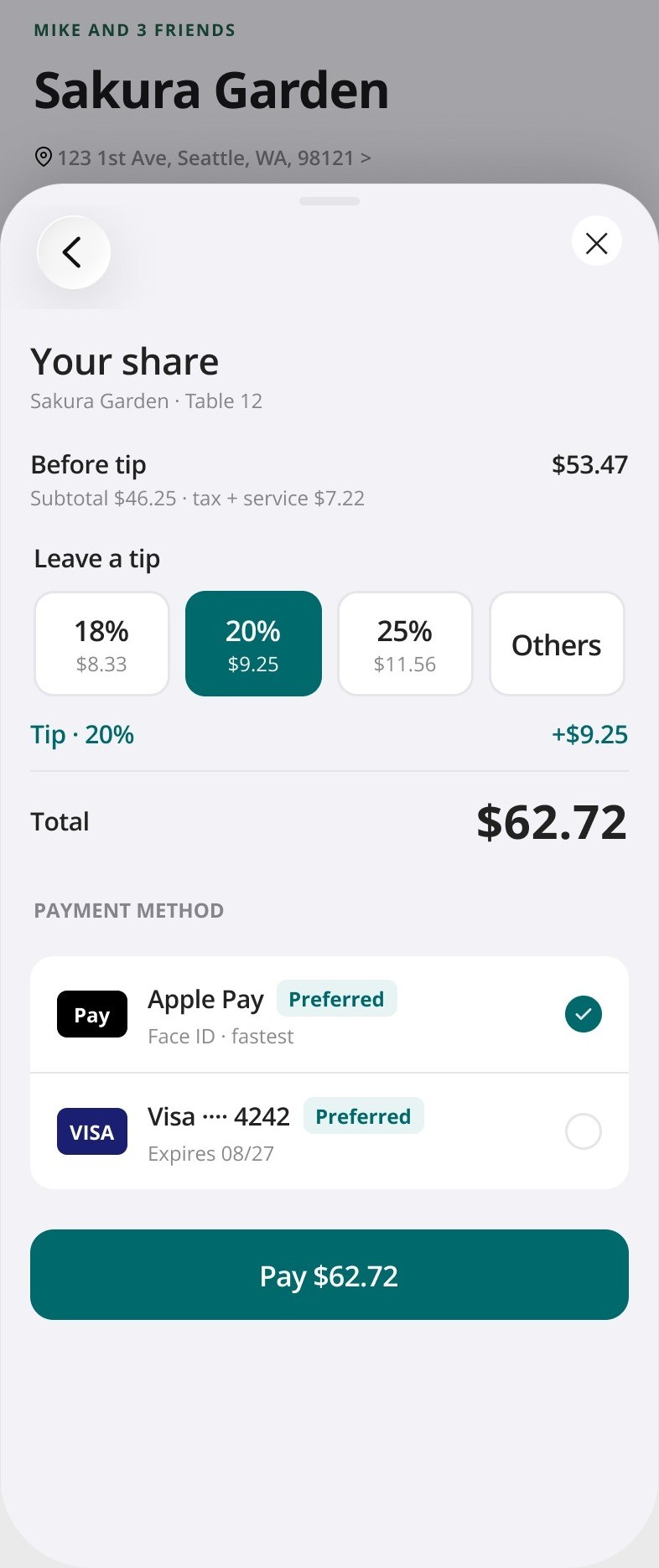 Dynery payment screen with tip selection, a $62.72 total, and Apple Pay and Visa as payment methods