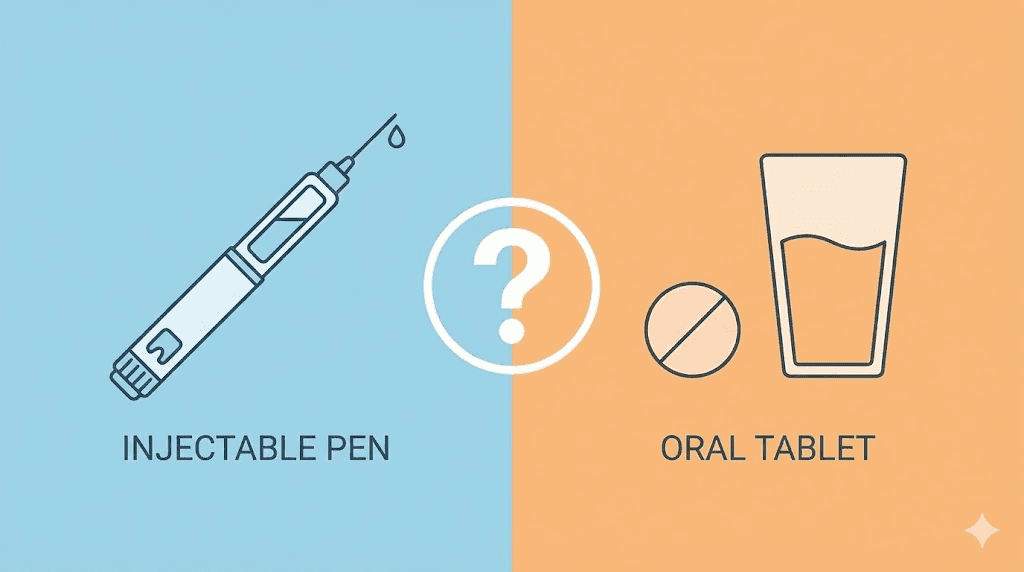 Oral tirzepatide vs injectable tirzepatide comparison illustration