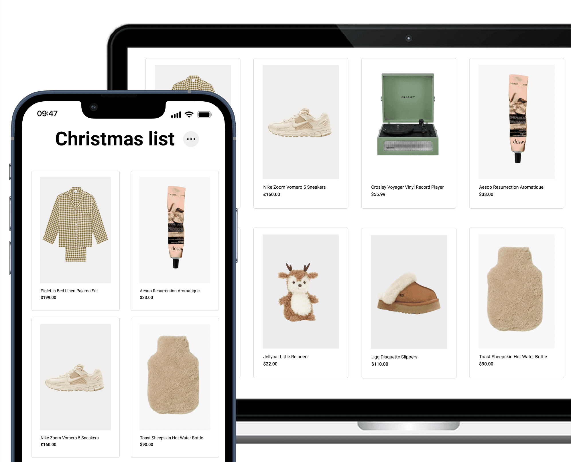 Online Christmas list synced across mobile and desktop displaying images of prodcuts saved to the Christmas list on mobile screen and laptop screen