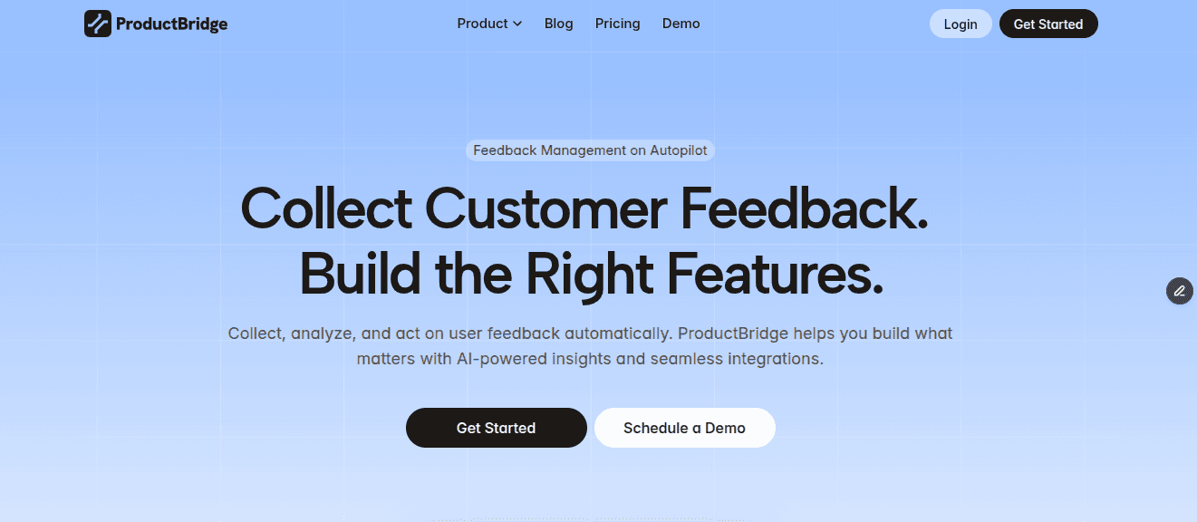 ProductBridge homepage screenshot showing feedback management landing page