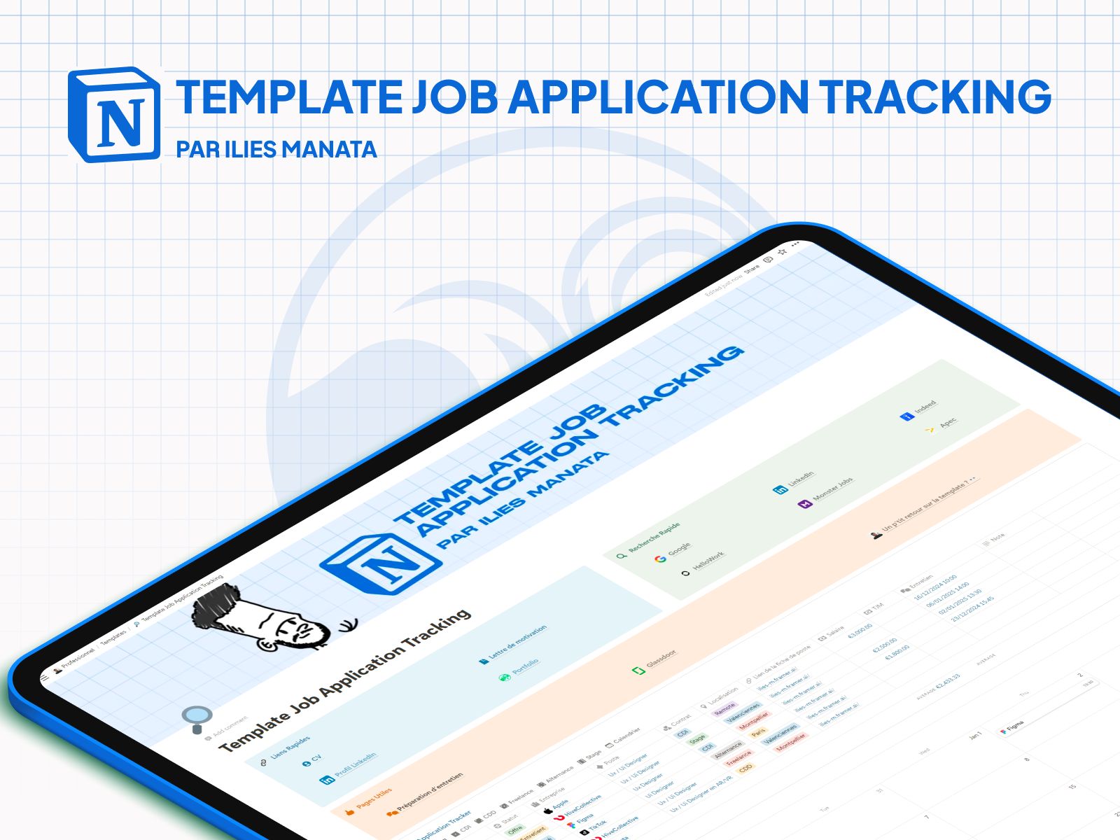 Présentation de la template Job Application Traking créée par Ilies MANATA freelance Ux / Ui Designer et Développeur Framer