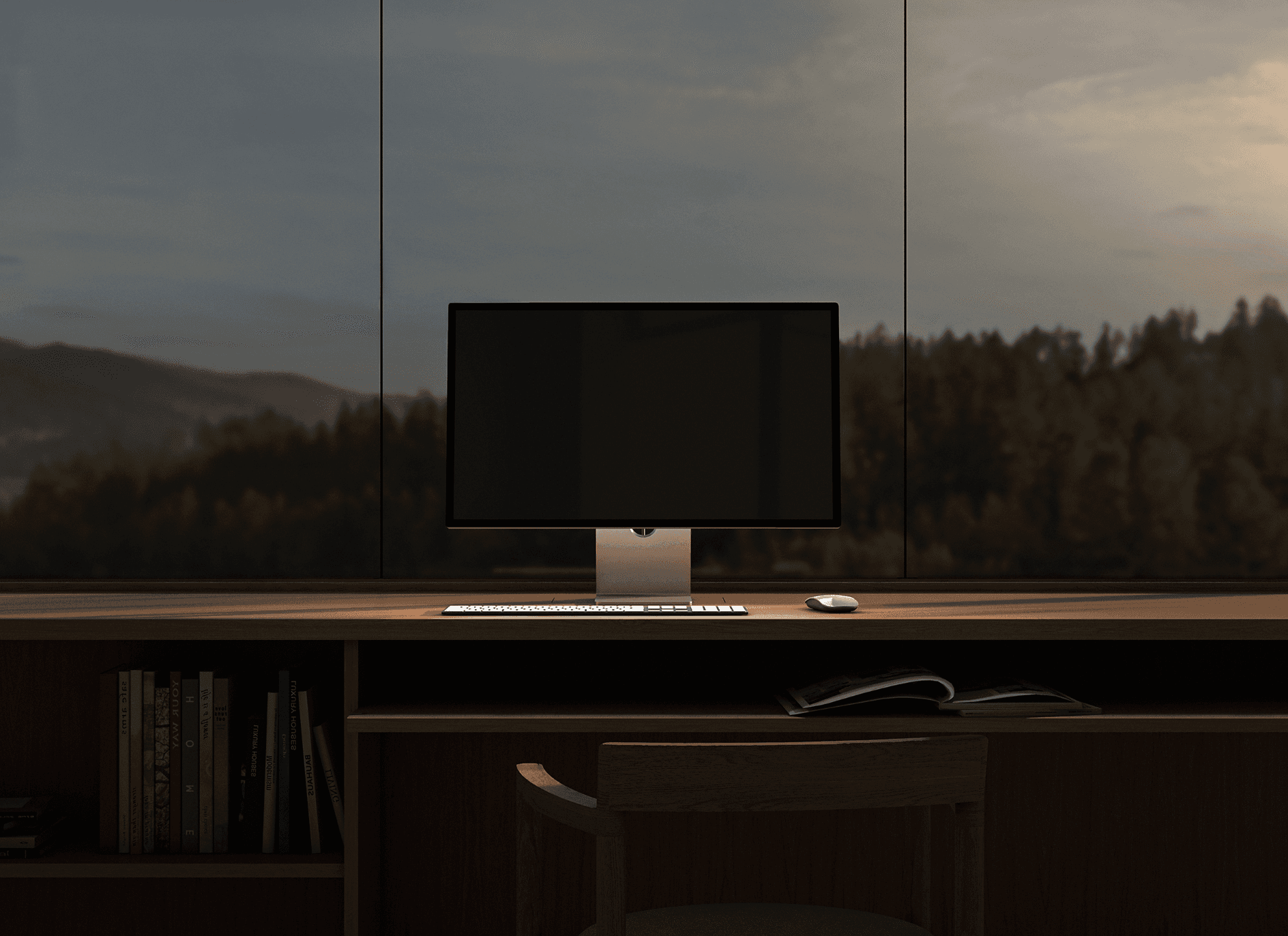 Willow dusk wide-angle desktop SaaS UI mockup in dark interior workspace
