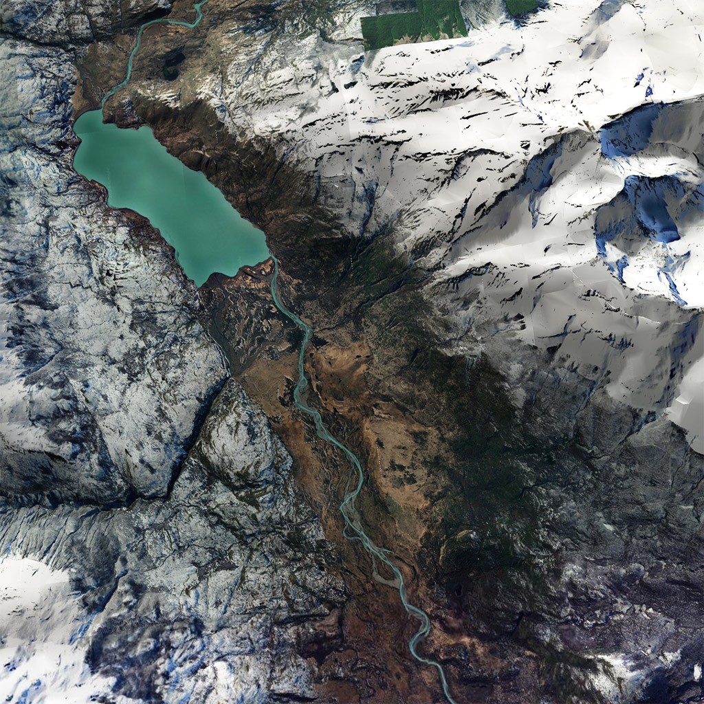 Capture d'écran de la carte d'ombre du Lago Paine avec jumeau numérique 3D haute résolution activé