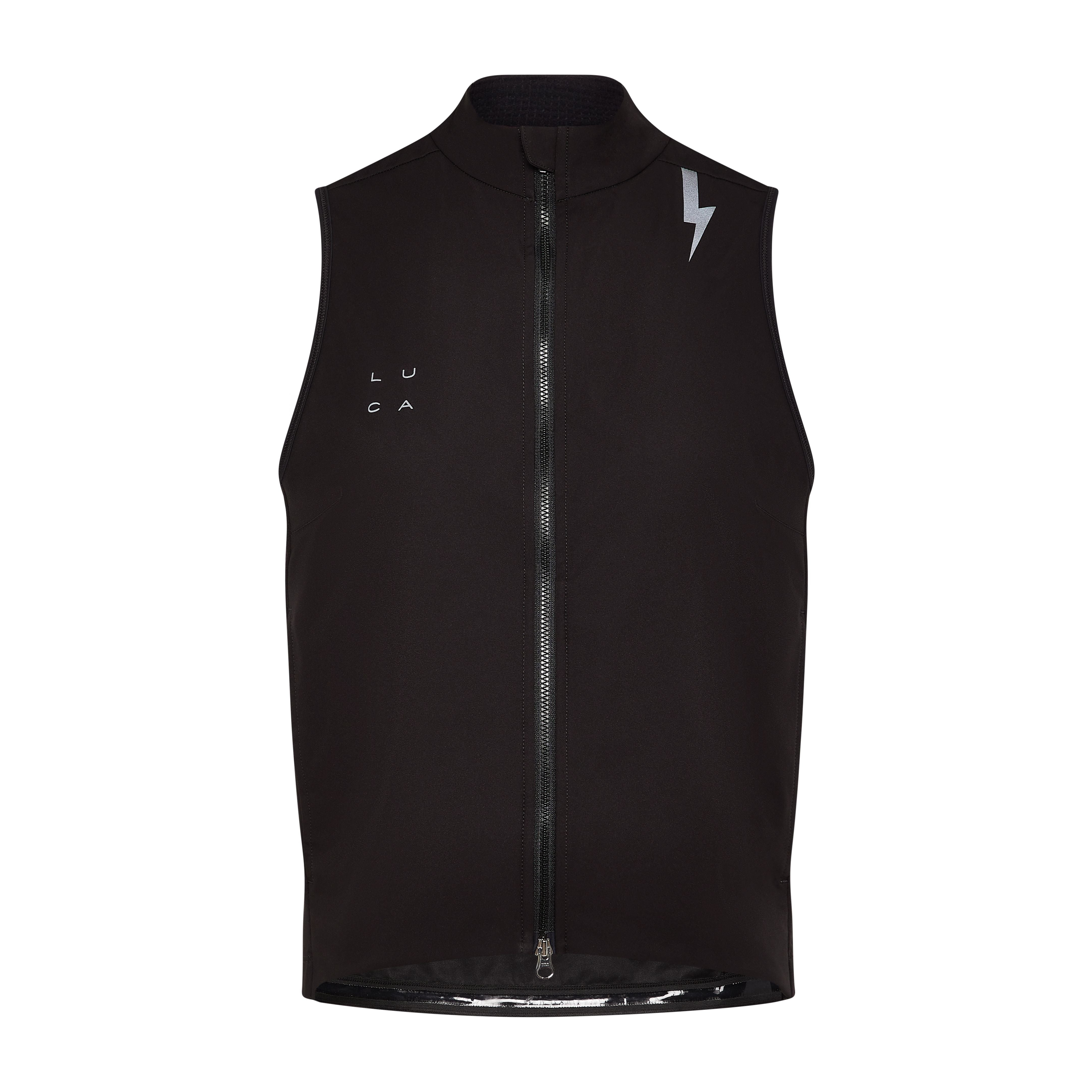 Black-Luca-cycling-gilet-on-a-white-background-it-features-a-high-collar-full-black-zipper-the-white-square-arranged-LUCA-logo-on-the-chest-and-a-large-silver-lighting-bolt-graphic-on-theshoulder-