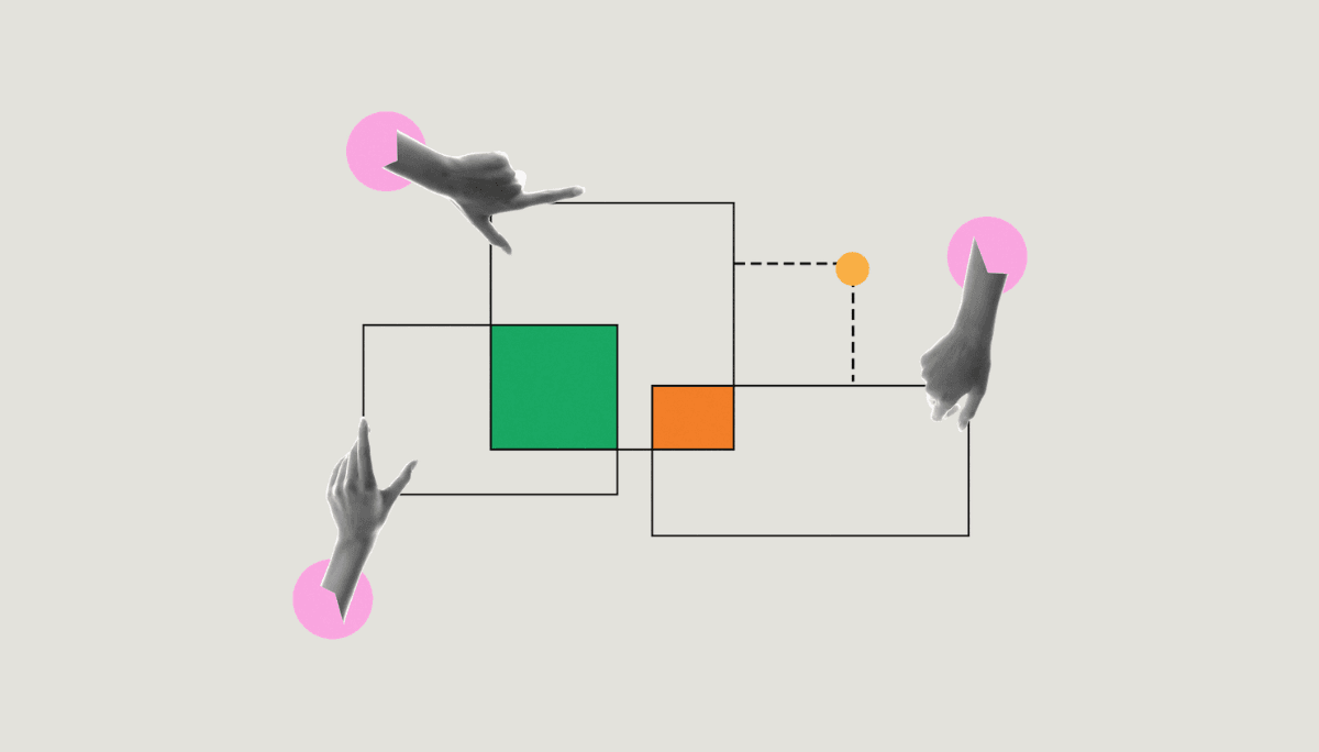 Stylized image of hands connecting with rectangles and circles, representing technical diagram creation.