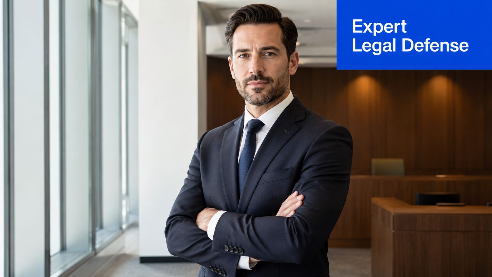 A professional male criminal defense attorney in a suit standing confidently in a modern courtroom setting.