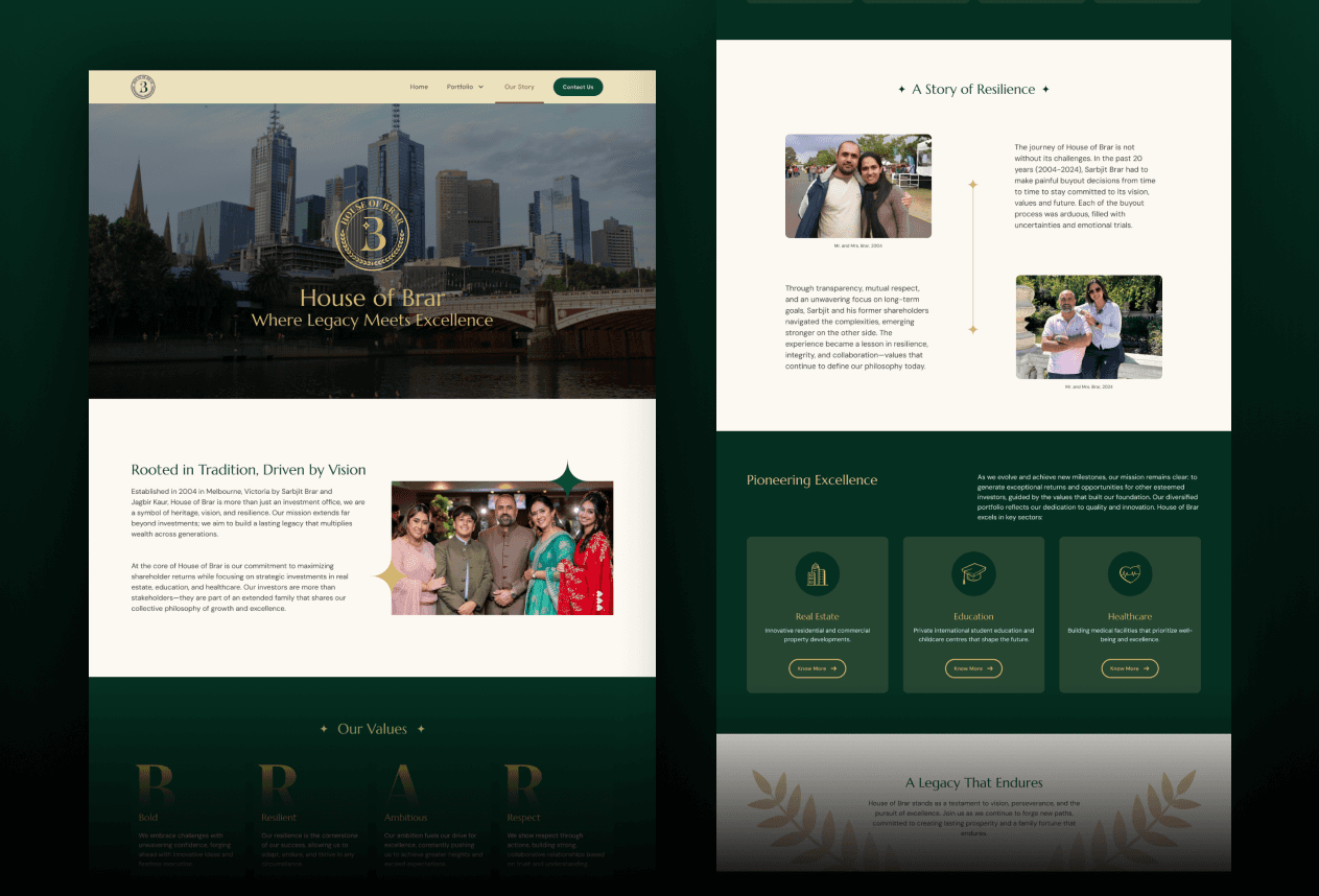 House of Brar website pages showing Melbourne skyline hero banner with 'Where Legacy Meets Excellence' tagline, 'Rooted in Tradition, Driven by Vision' section with family photo, Our Values displaying Bold, Resilient, Ambitious, Respect pillars, 'A Story of Resilience' with founder family photos, 'Pioneering Excellence' featuring Real Estate, Education, and Healthcare investment sectors, and 'A Legacy That Endures' section with gold leaf decorative elements