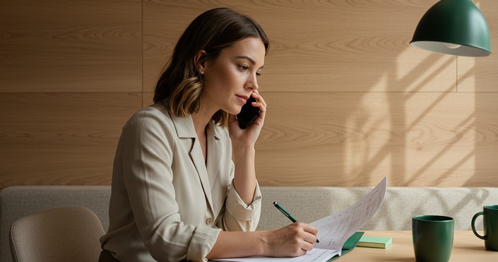 A woman working at a desk, talking on the phone while reviewing documents in a modern office setting.