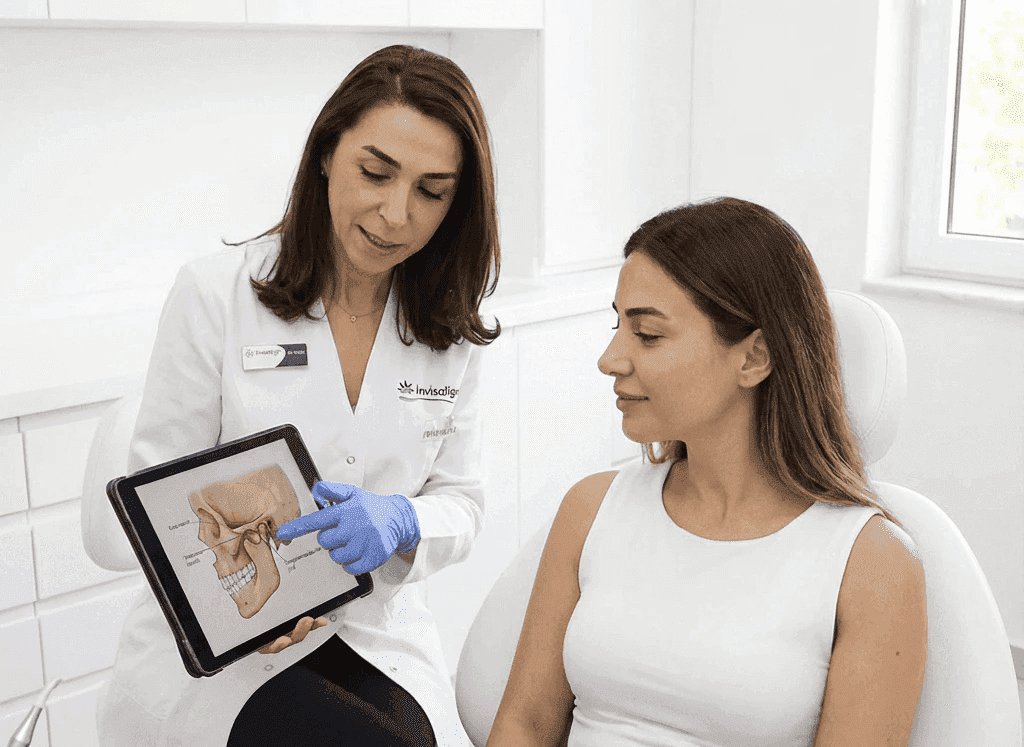 طبيب أسنان يناقش مع مريض خيارات علاج اضطراب المفصل الصدغي الفكي في عيادة مجهزة، مع شرح مفصل للحالة.