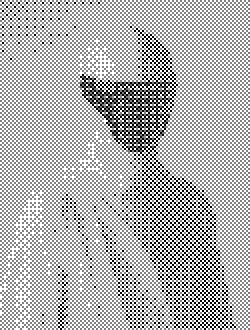 A figure in a white helmet and suit with a black, featureless visor, styled in a retro comic book halftone pattern on a dotted grayscale background.