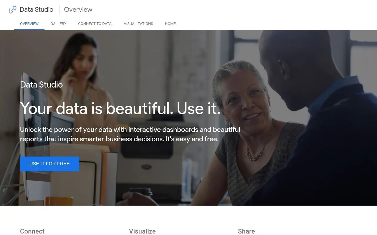 Google Data Studio official homepage screenshot, captured October 4, 2026