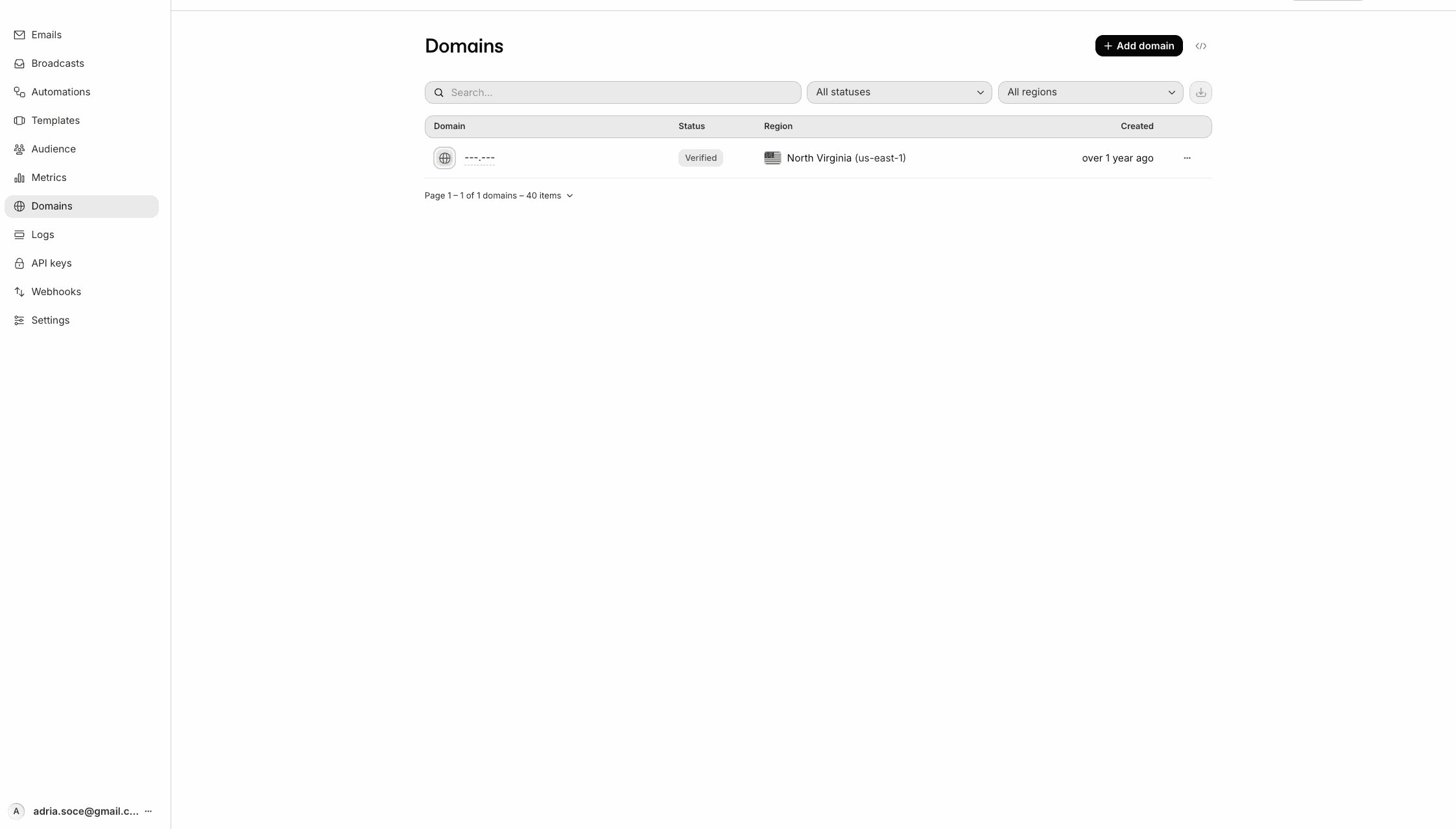 Panel Domains de Resend